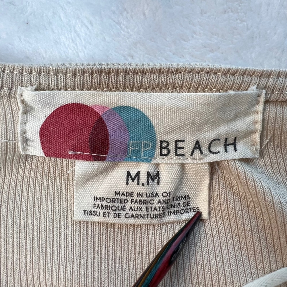 Free People Beach Bel Air Beige Maxi Dress Women Medium Ribbed Short Sleeve Boho - Picture 2 of 9